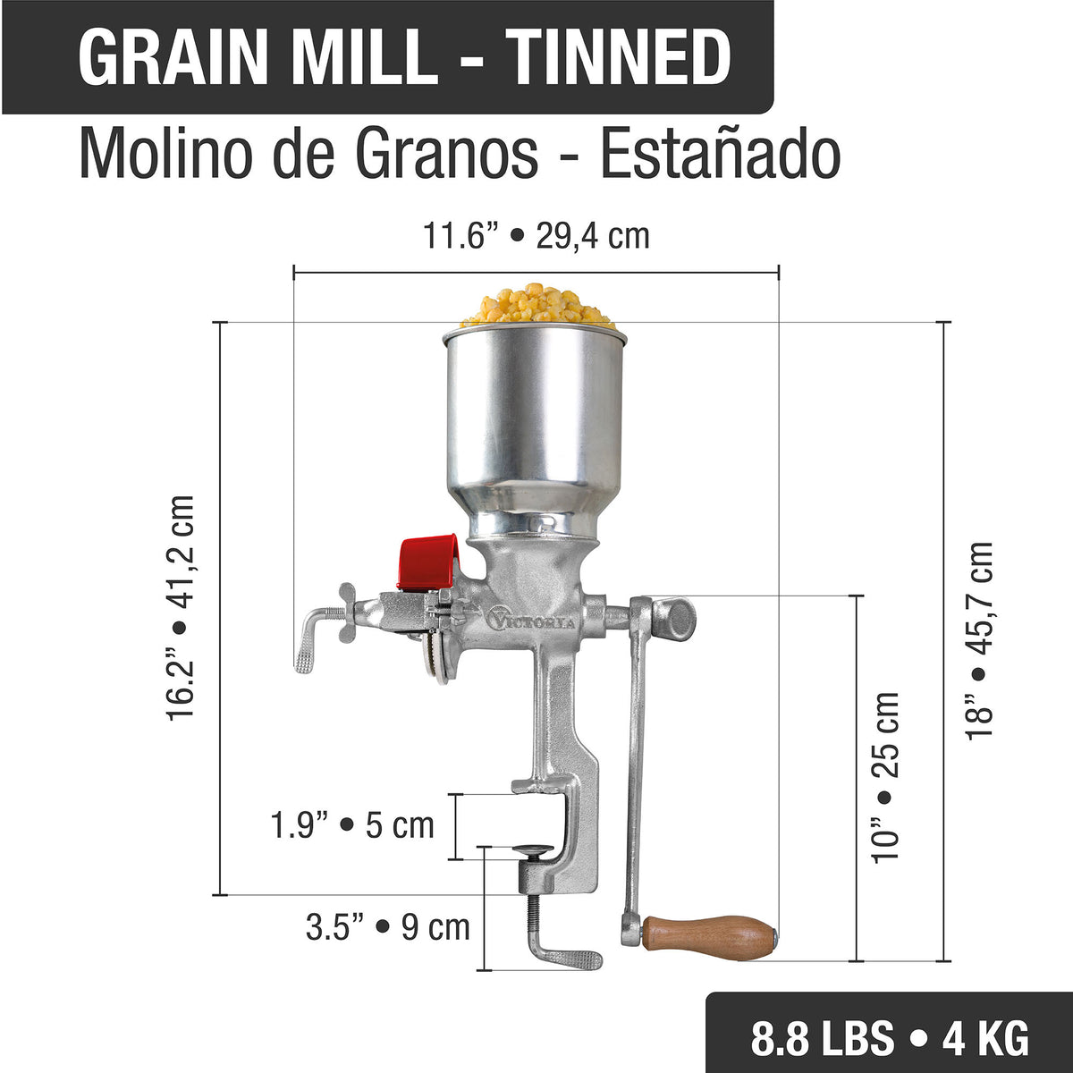 Cast Iron Tinned Grain Grinder/Corn Mill with High Hopper