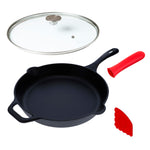12-Inch Cast Iron Skillet Set with Tempered Glass Lid, Large Handle Cover, and Pan Scraper