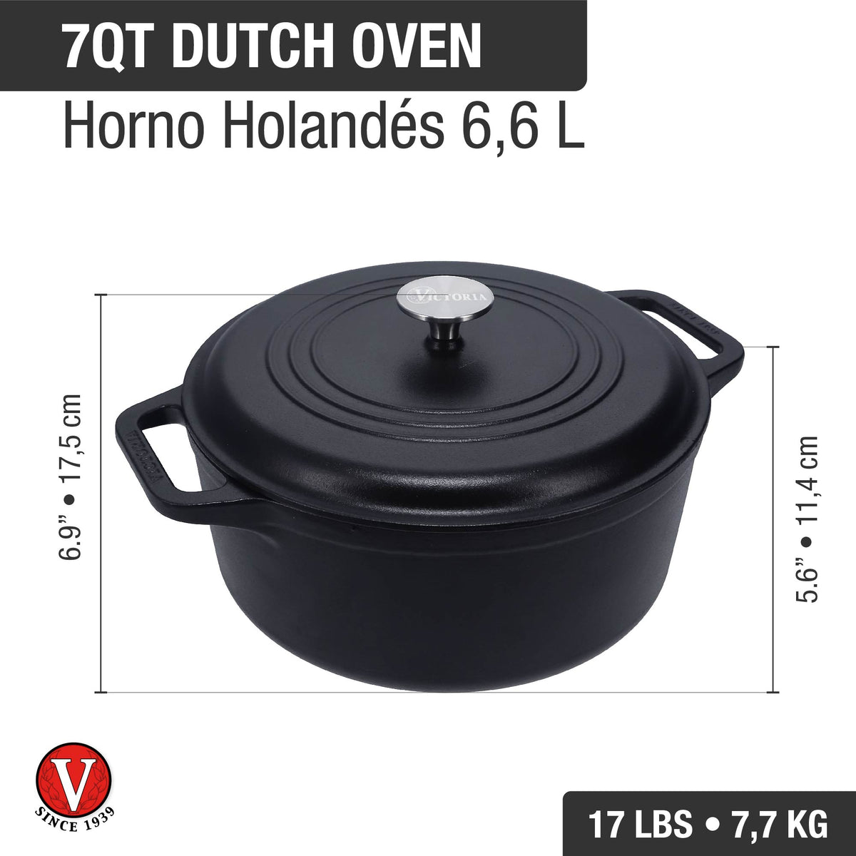 7 QT Cast Iron Dutch Oven with Lid