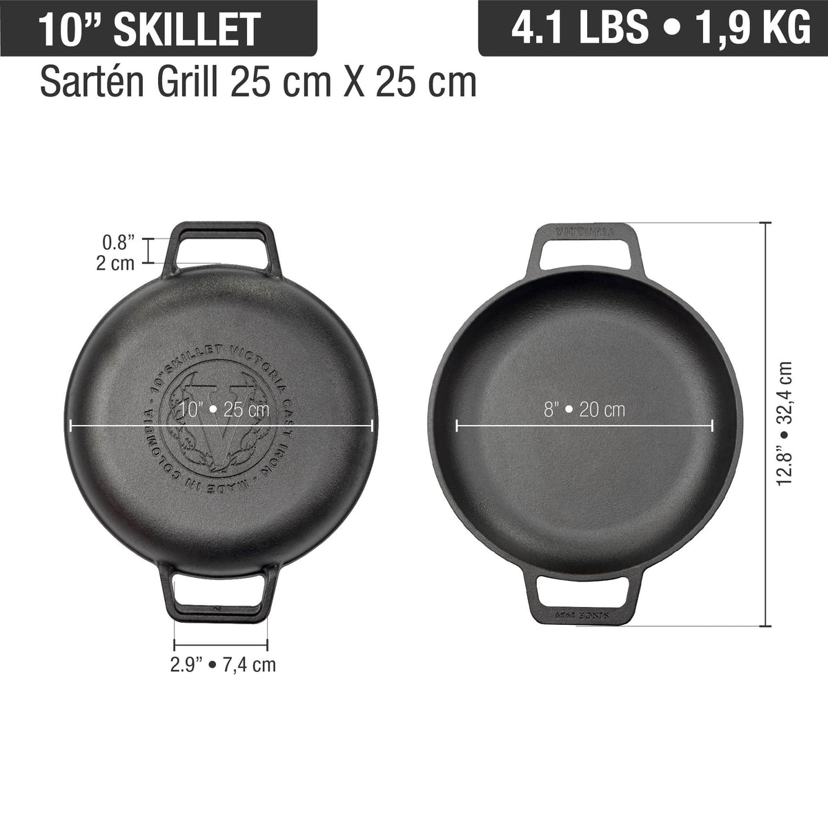 10-Inch Cast Iron Round Skillet with Double Loop Handles