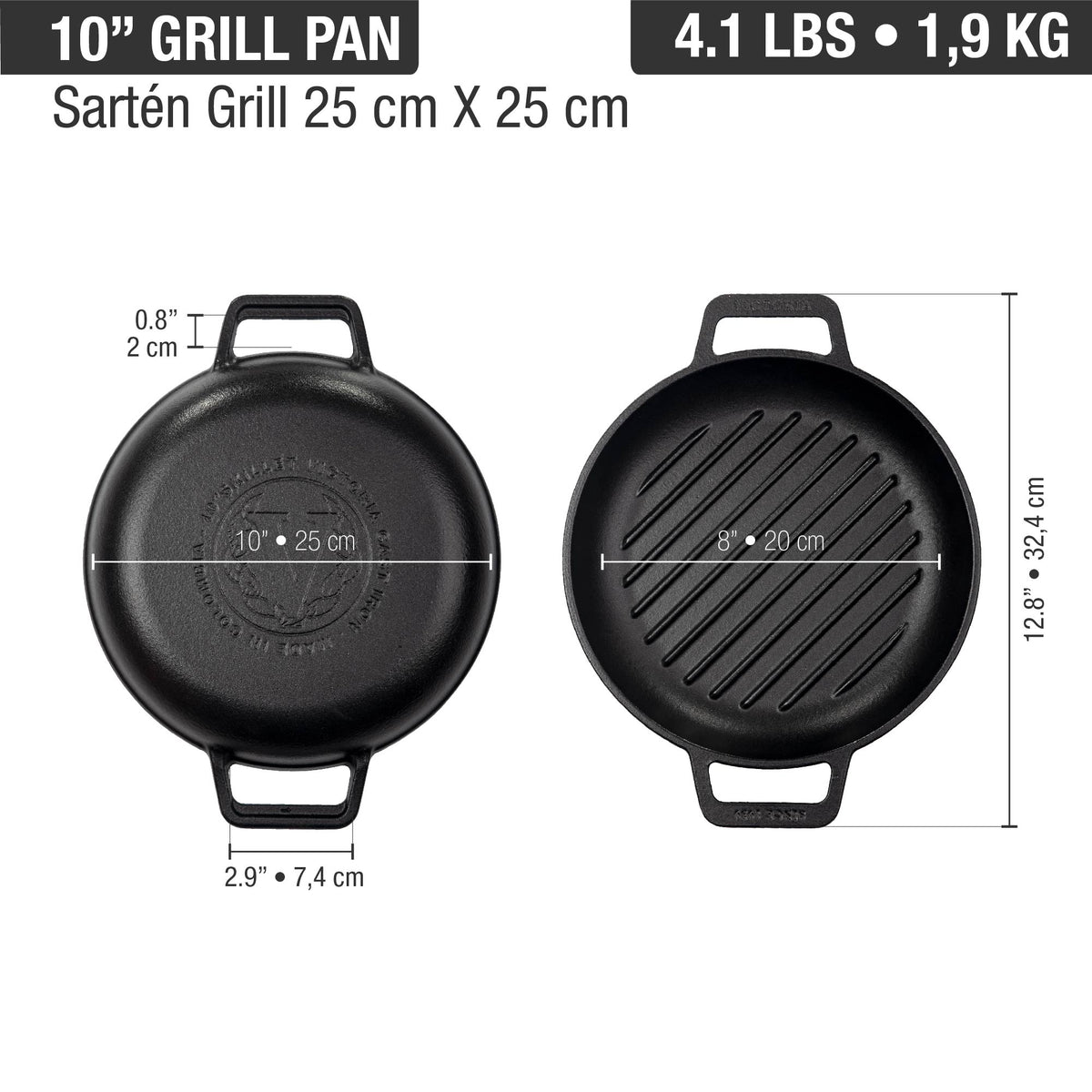 10-Inch Cast Iron Round Grill Pan with Double Loop Handles