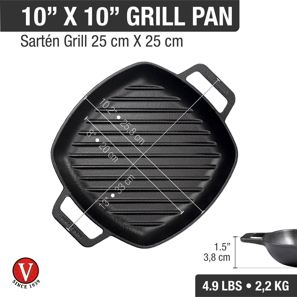 10-Inch Square Cast Iron Grill Pan with Double Loop Handles