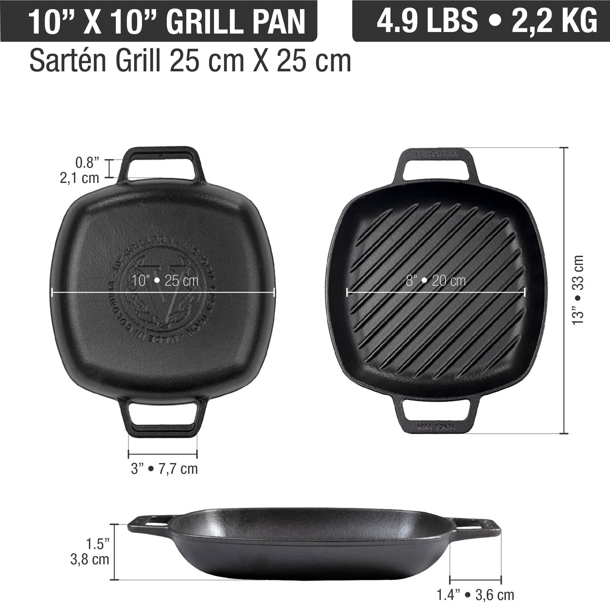10-Inch Square Cast Iron Grill Pan with Double Loop Handles