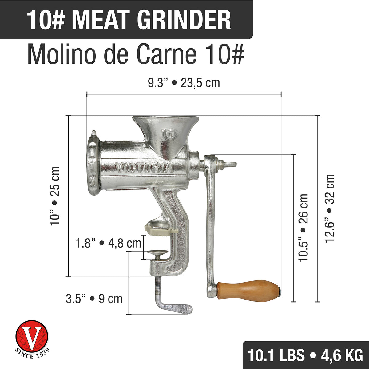 Cast Iron Tinned Meat Grinder #10 with Table Clamp