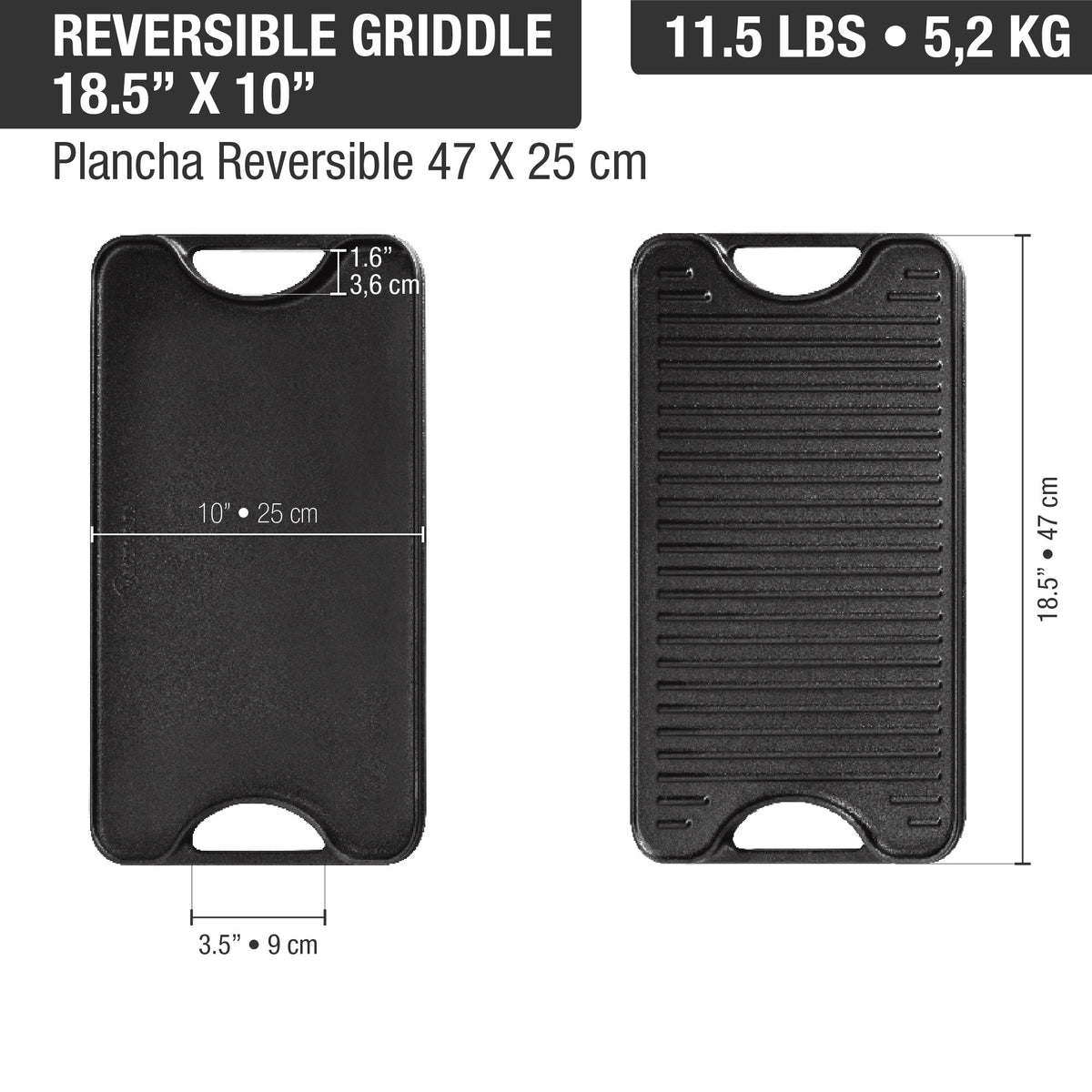 Rectangular Cast Iron Reversible Griddle – 18.5” x 10”