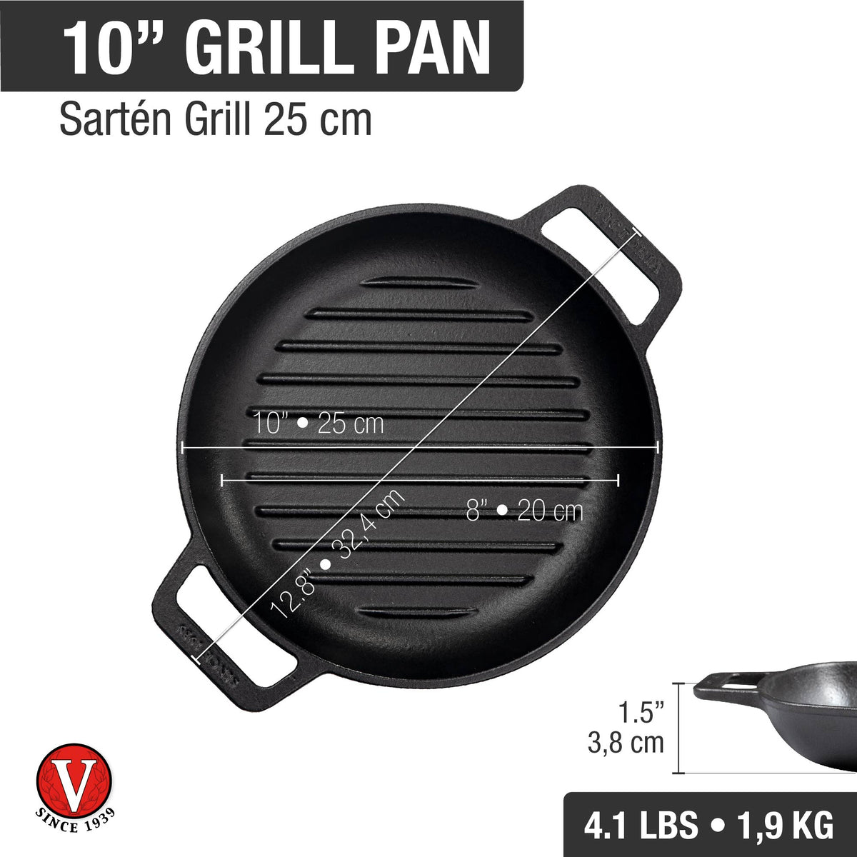 10-Inch Cast Iron Round Grill Pan with Double Loop Handles